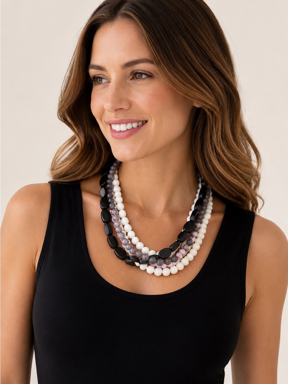 Vintage Four Strand Torsade Necklace Black Gray White Lavender‎ Beaded 21”